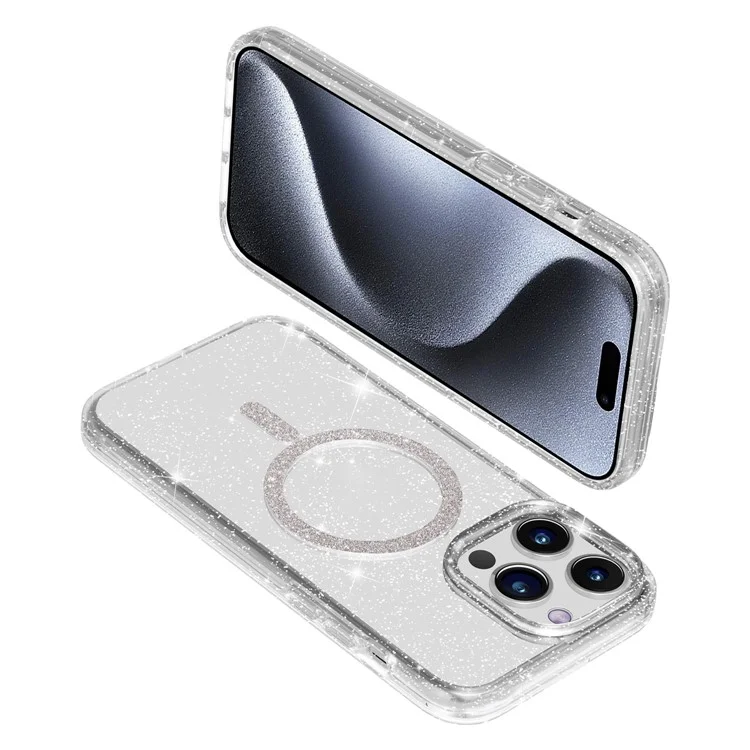 For iPhone 15 Pro Phone Case Compatible with MagSafe Glitter PC + TPU Hybrid Shockproof Cover - White