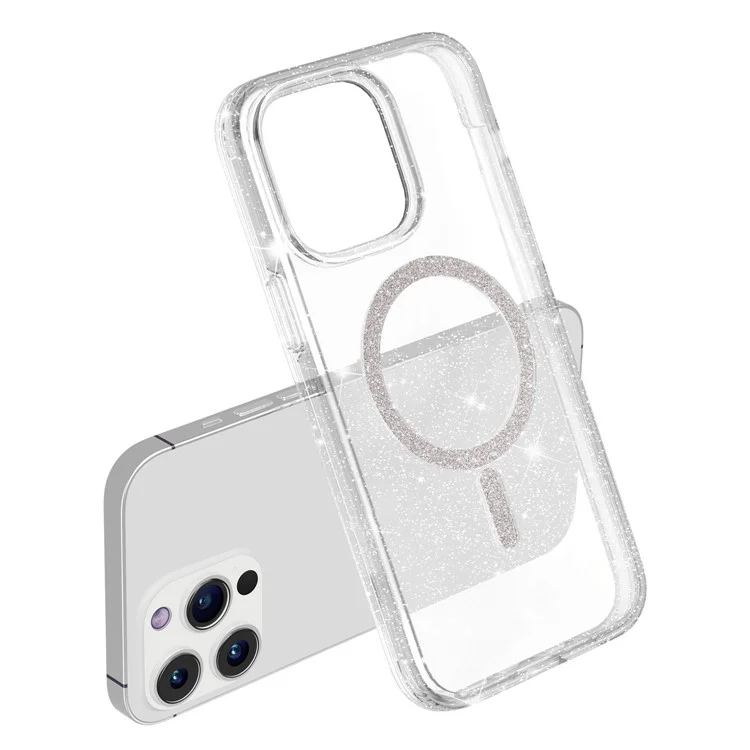 For iPhone 15 Pro Phone Case Compatible with MagSafe Glitter PC + TPU Hybrid Shockproof Cover - White