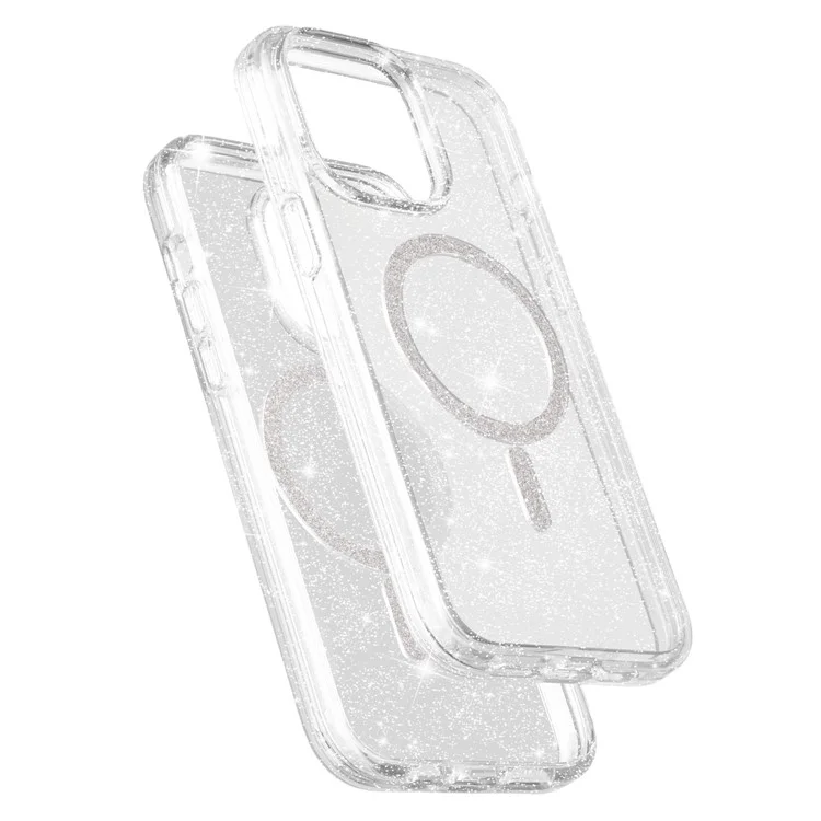 For iPhone 15 Pro Phone Case Compatible with MagSafe Glitter PC + TPU Hybrid Shockproof Cover - White