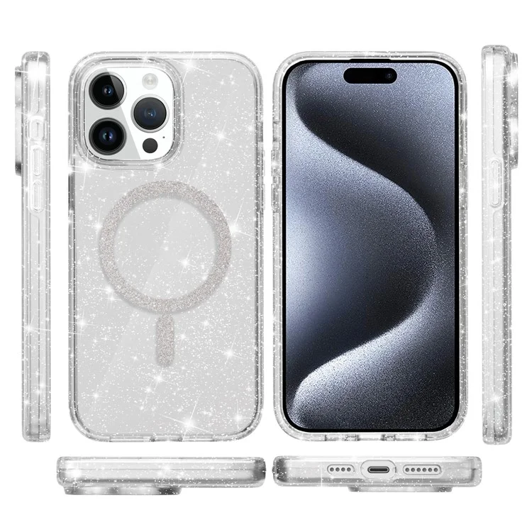 For iPhone 15 Pro Phone Case Compatible with MagSafe Glitter PC + TPU Hybrid Shockproof Cover - White