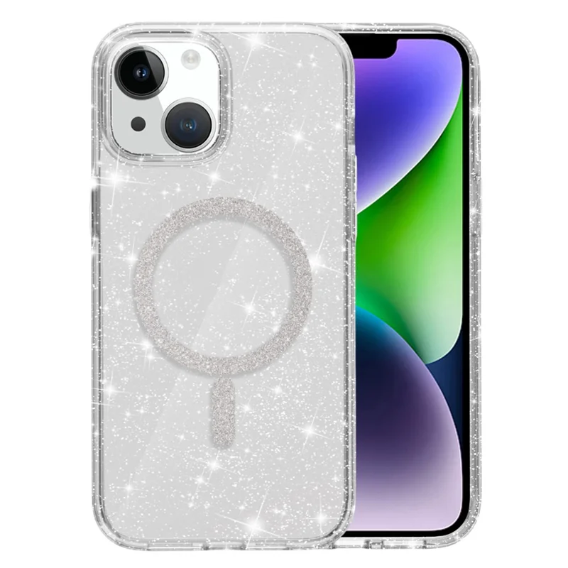 Cover per iPhone 15 Plus / 14 Plus Compatibile con MagSafe, Ibrido PC + TPU Antiurto con Glitter - Bianco
