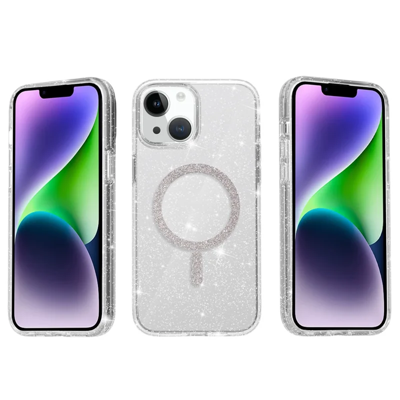 Cover per iPhone 15 Plus / 14 Plus Compatibile con MagSafe, Ibrido PC + TPU Antiurto con Glitter - Bianco