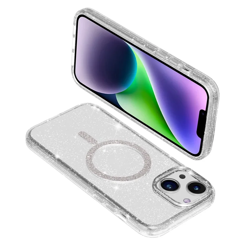 Cover per iPhone 15 Plus / 14 Plus Compatibile con MagSafe, Ibrido PC + TPU Antiurto con Glitter - Bianco