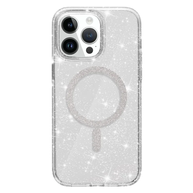 For iPhone 15 Pro Max Phone Case Compatible with MagSafe Glitter PC + TPU Hybrid Shockproof Cover - White