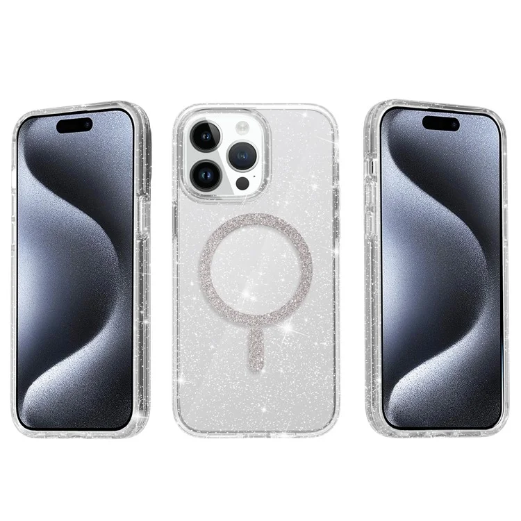 For iPhone 15 Pro Max Phone Case Compatible with MagSafe Glitter PC + TPU Hybrid Shockproof Cover - White