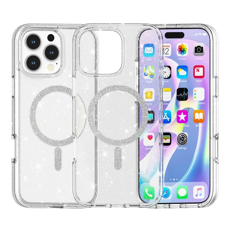 For iPhone 16 Pro Max Phone Case Compatible with MagSafe Glitter PC + TPU Hybrid Shockproof Cover - White