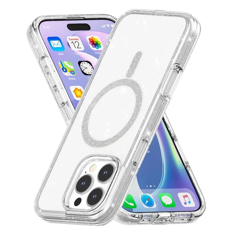 For iPhone 16 Pro Max Phone Case Compatible with MagSafe Glitter PC + TPU Hybrid Shockproof Cover - White
