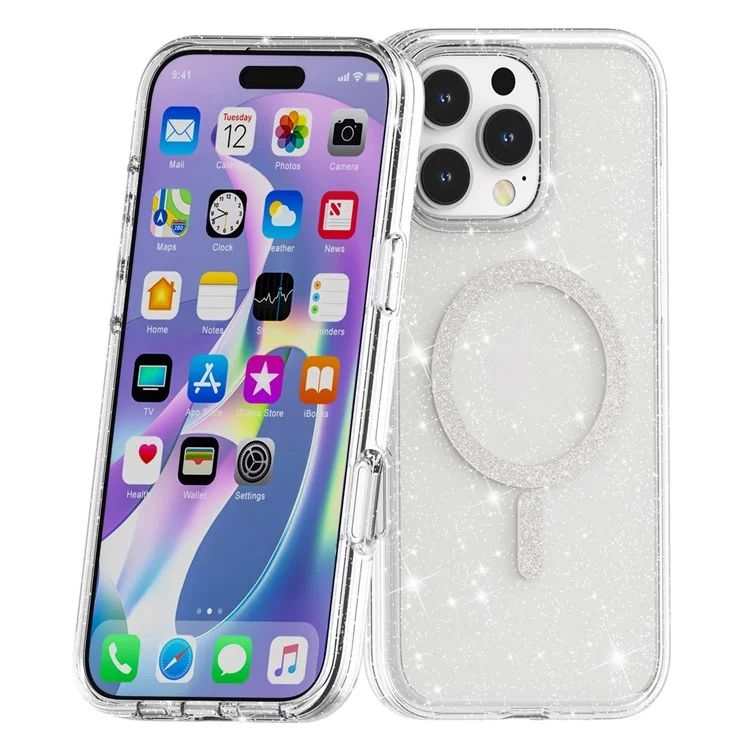 For iPhone 16 Pro Max Phone Case Compatible with MagSafe Glitter PC + TPU Hybrid Shockproof Cover - White