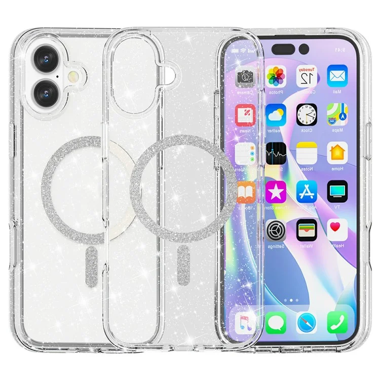For iPhone 16 Plus Phone Case Compatible with MagSafe Glitter PC + TPU Hybrid Shockproof Cover - White