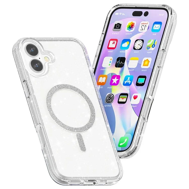 For iPhone 16 Plus Phone Case Compatible with MagSafe Glitter PC + TPU Hybrid Shockproof Cover - White