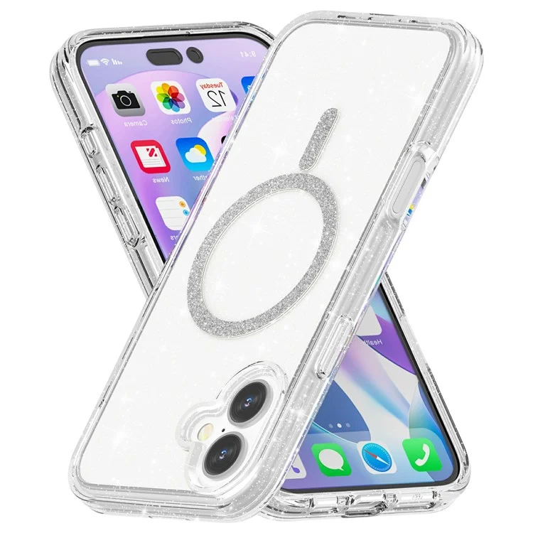 For iPhone 16 Plus Phone Case Compatible with MagSafe Glitter PC + TPU Hybrid Shockproof Cover - White