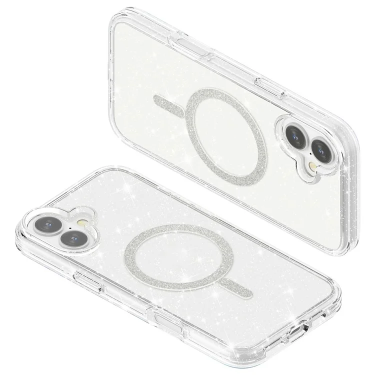 For iPhone 16 Plus Phone Case Compatible with MagSafe Glitter PC + TPU Hybrid Shockproof Cover - White