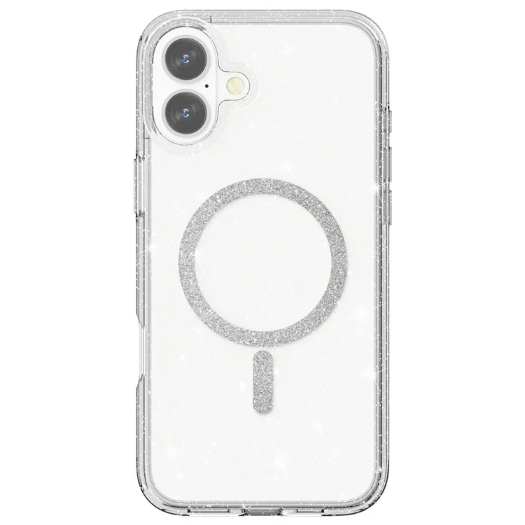 For iPhone 16 Plus Phone Case Compatible with MagSafe Glitter PC + TPU Hybrid Shockproof Cover - White