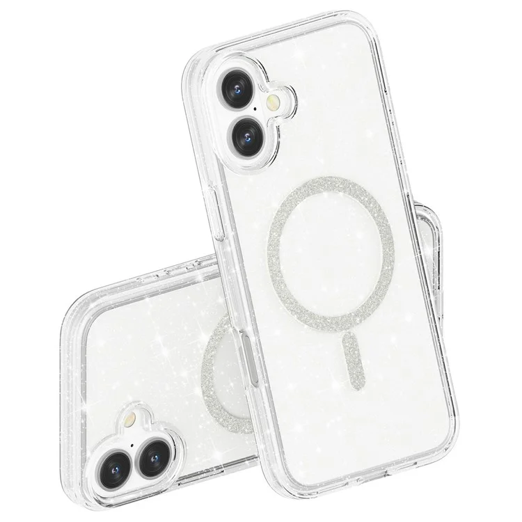 For iPhone 16 Plus Phone Case Compatible with MagSafe Glitter PC + TPU Hybrid Shockproof Cover - White