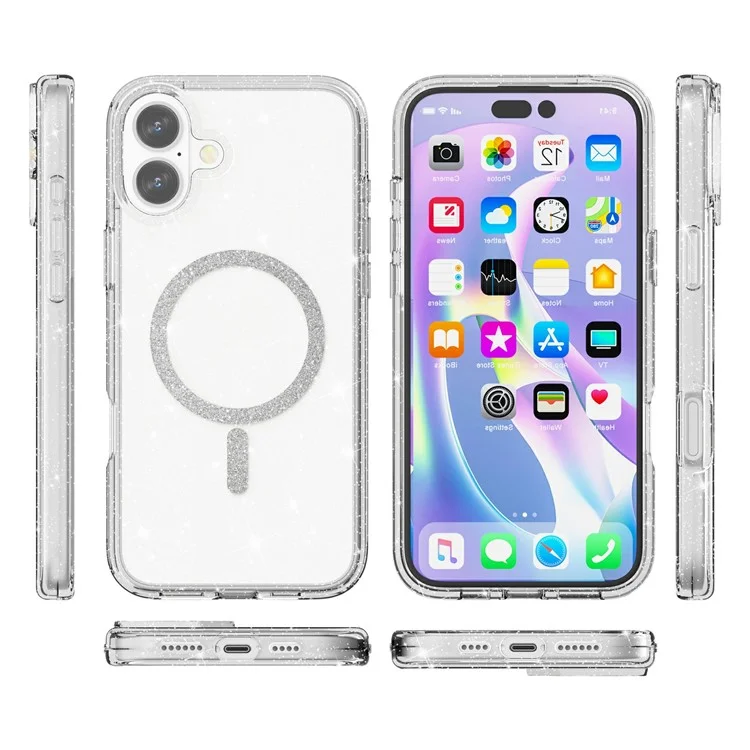 For iPhone 16 Plus Phone Case Compatible with MagSafe Glitter PC + TPU Hybrid Shockproof Cover - White