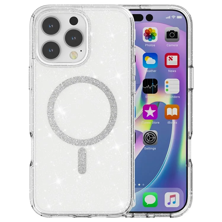 For iPhone 16 Pro Phone Case Compatible with MagSafe Glitter PC + TPU Hybrid Shockproof Cover - White