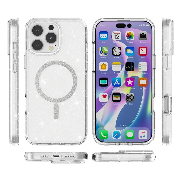 For iPhone 16 Pro Phone Case Compatible with MagSafe Glitter PC + TPU Hybrid Shockproof Cover - White