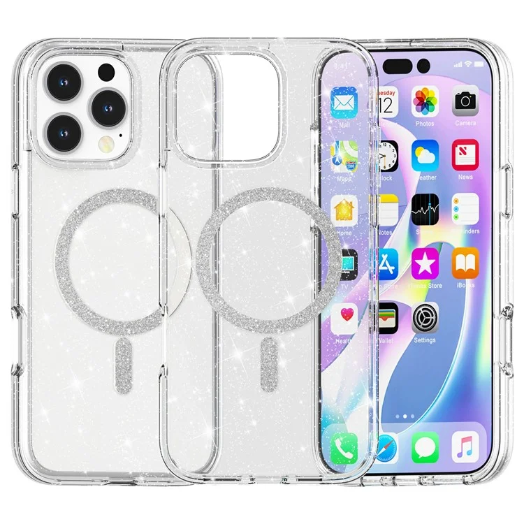 For iPhone 16 Pro Phone Case Compatible with MagSafe Glitter PC + TPU Hybrid Shockproof Cover - White