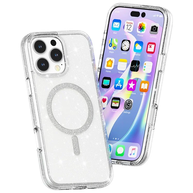 For iPhone 16 Pro Phone Case Compatible with MagSafe Glitter PC + TPU Hybrid Shockproof Cover - White