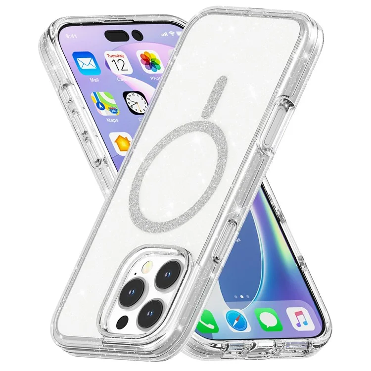 For iPhone 16 Pro Phone Case Compatible with MagSafe Glitter PC + TPU Hybrid Shockproof Cover - White