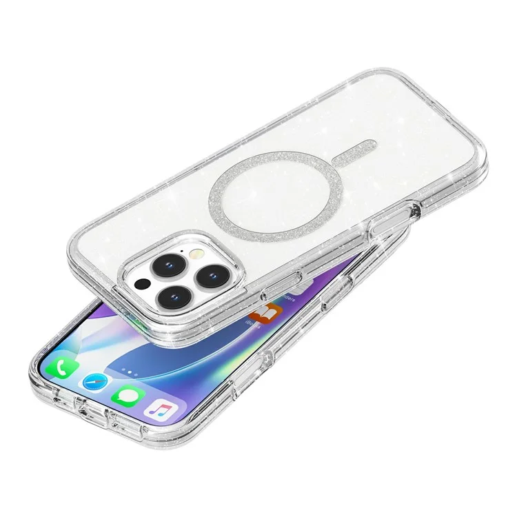 For iPhone 16 Pro Phone Case Compatible with MagSafe Glitter PC + TPU Hybrid Shockproof Cover - White