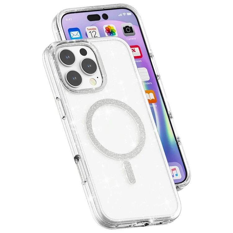 For iPhone 16 Pro Phone Case Compatible with MagSafe Glitter PC + TPU Hybrid Shockproof Cover - White