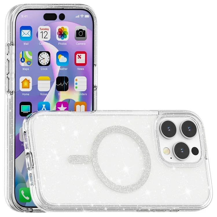For iPhone 16 Pro Phone Case Compatible with MagSafe Glitter PC + TPU Hybrid Shockproof Cover - White
