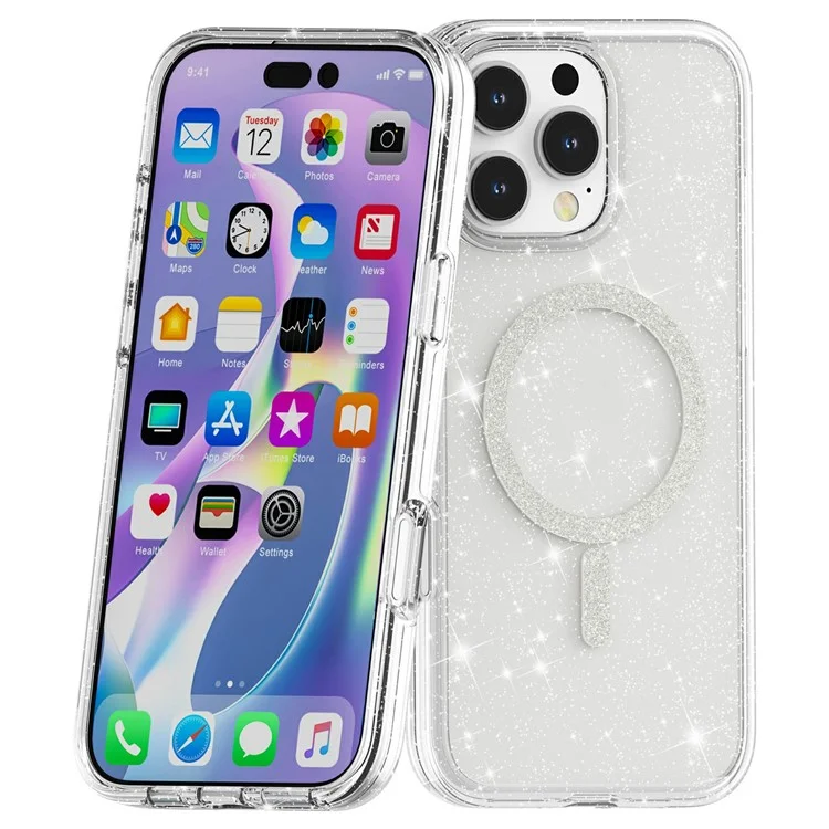 For iPhone 16 Pro Phone Case Compatible with MagSafe Glitter PC + TPU Hybrid Shockproof Cover - White