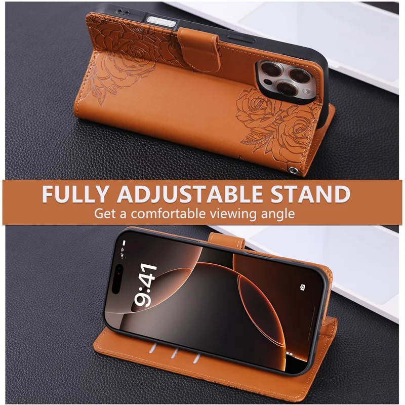 For iPhone 16 Pro Max Case Rose Flower Wallet PU Leather Phone Cover with 3 Card Slots - Brown
