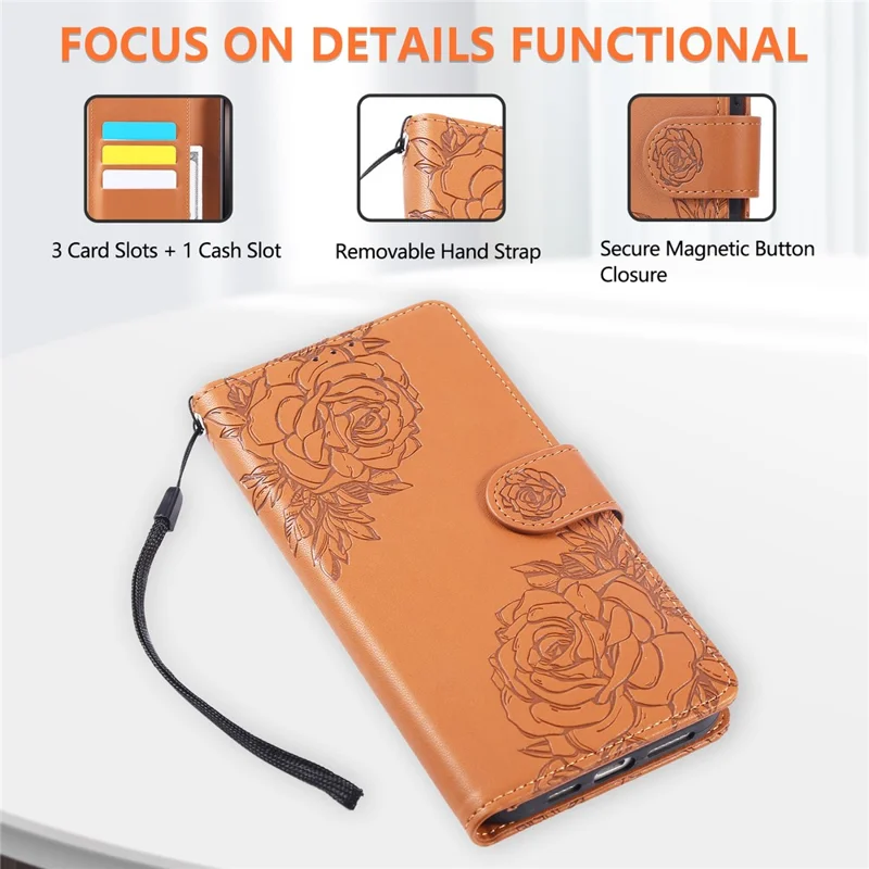 For iPhone 16 Pro Max Case Rose Flower Wallet PU Leather Phone Cover with 3 Card Slots - Brown