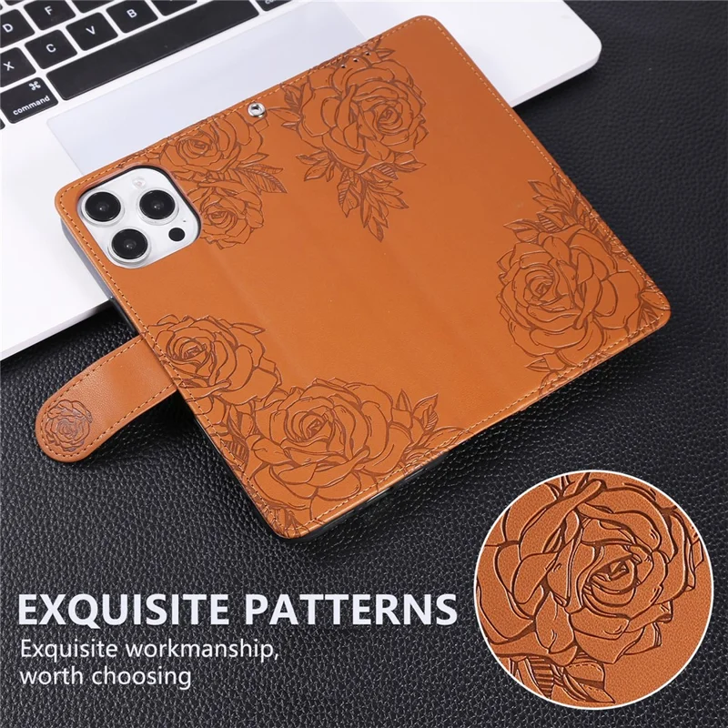 For iPhone 16 Pro Max Case Rose Flower Wallet PU Leather Phone Cover with 3 Card Slots - Brown