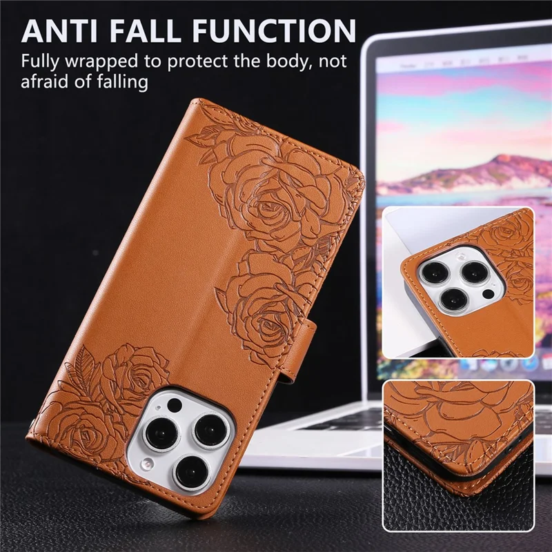For iPhone 16 Pro Max Case Rose Flower Wallet PU Leather Phone Cover with 3 Card Slots - Brown