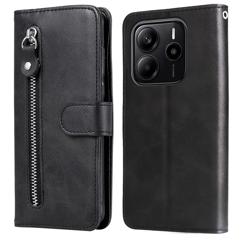 For Xiaomi Redmi Note 14 4G (164.84mm) Case Zipper Wallet Calf Texture PU Leather Phone Cover - Black