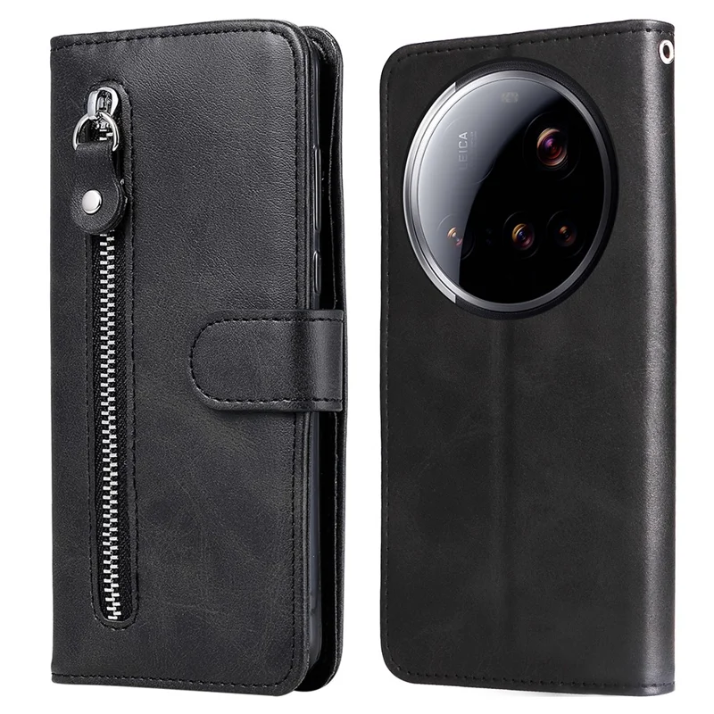 Zippertas voor Xiaomi 15 Ultra, portemonnee-achtige hoes van PU-leer met kalfstextuur - Zwart