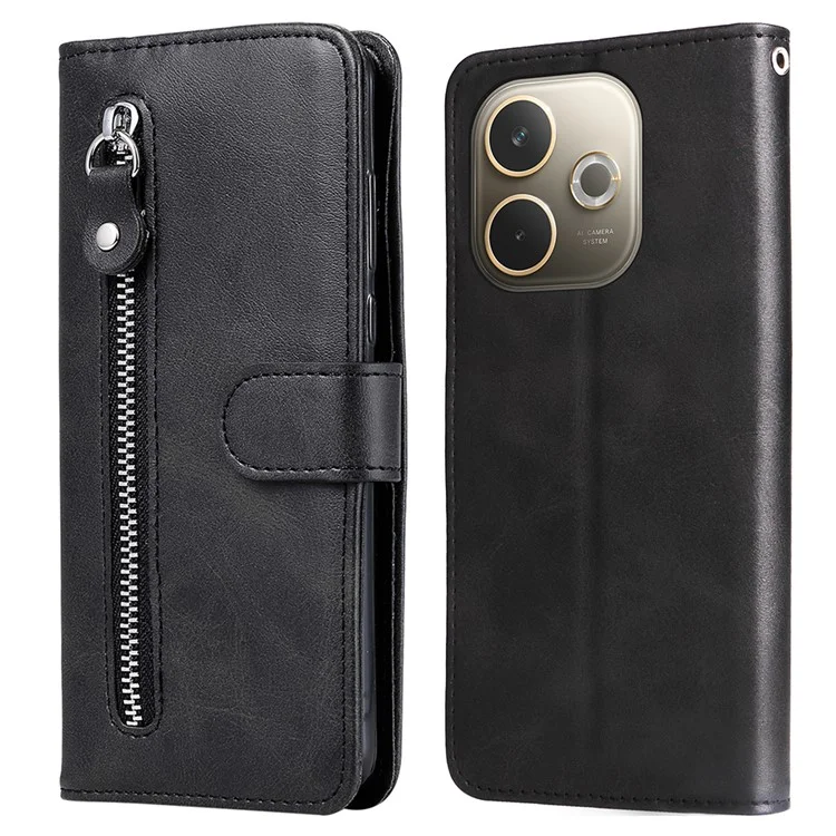 Capa para Oppo A5 Pro 5G com Carteira de Zíper em Couro Sintético Texturizado de Bezerro - Preto