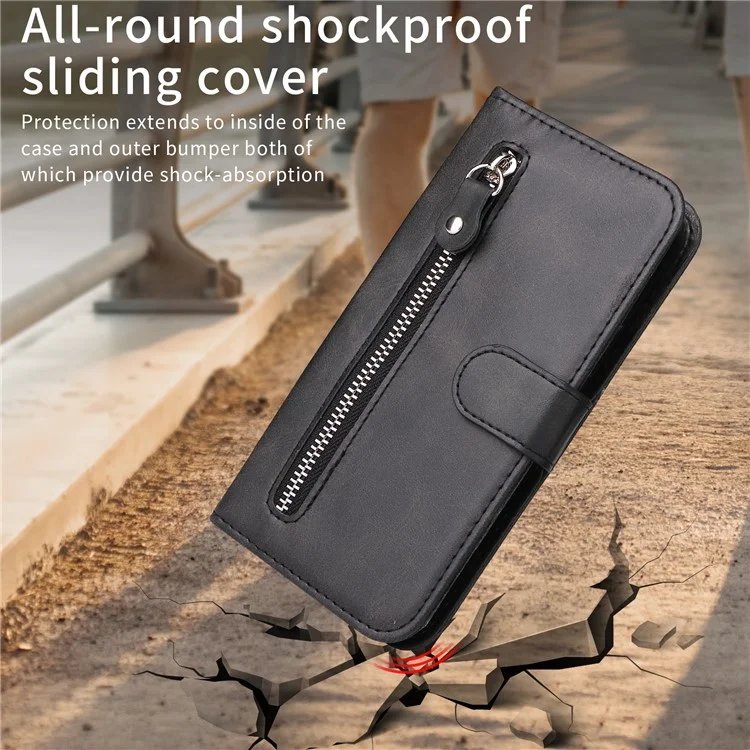Capa para Oppo A5 Pro 5G com Carteira de Zíper em Couro Sintético Texturizado de Bezerro - Preto