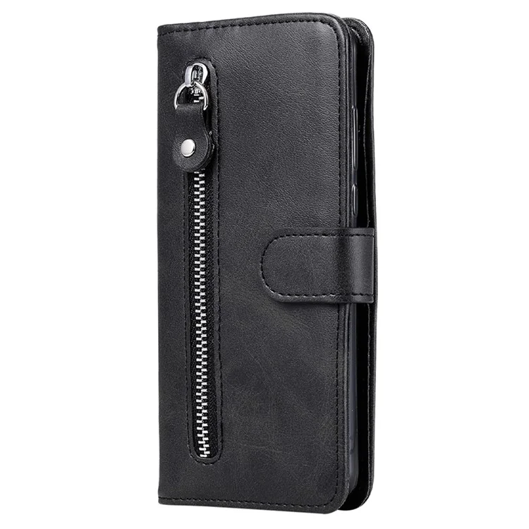 Capa para Oppo A5 Pro 5G com Carteira de Zíper em Couro Sintético Texturizado de Bezerro - Preto