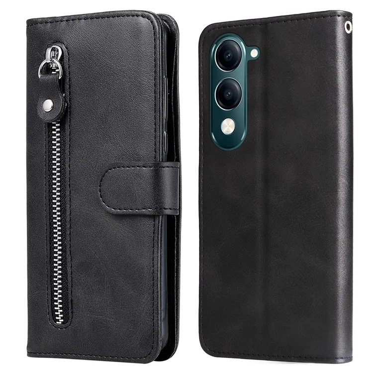 Para vivo Y29s 5G / Y04 4G Capa Carteira com Zíper Textura de Bezerro Capa de Telefone de Couro PU - Preto