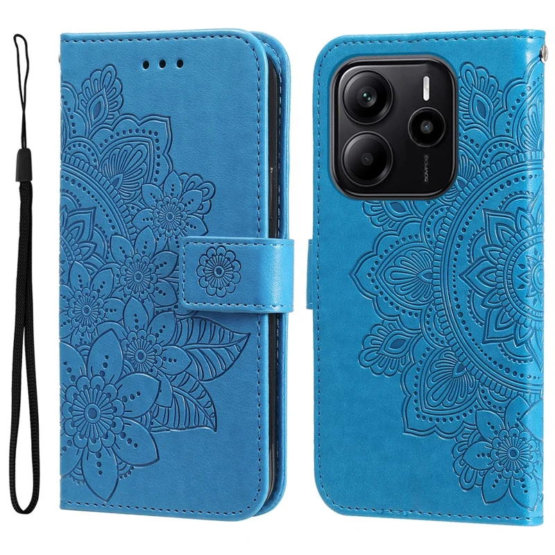 For Xiaomi Redmi Note 14 4G (164.84mm) Case Floral Pattern PU Leather Wallet Stand Phone Cover - Blue