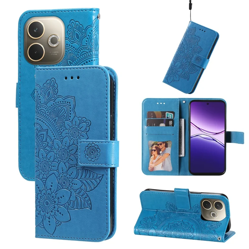 Funda para Oppo A5 Pro 5G de piel sintética con cartera y soporte, diseño floral - Azul