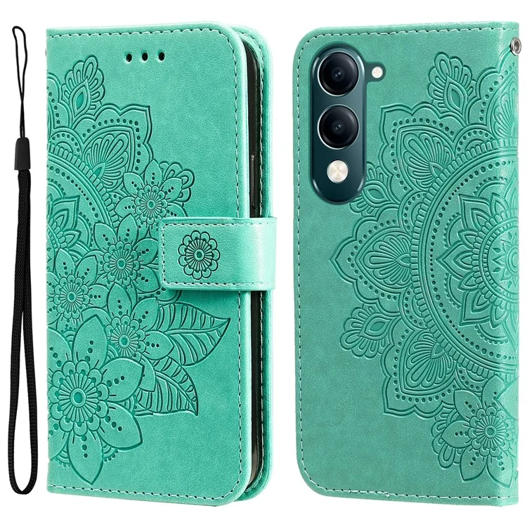 Capa para vivo Y29s 5G / Y04 4G em Couro Sintético com Carteira, Floral, Suporte de Visualização - Verde