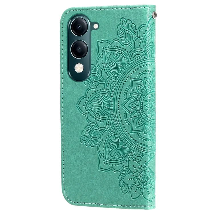 Capa para vivo Y29s 5G / Y04 4G em Couro Sintético com Carteira, Floral, Suporte de Visualização - Verde