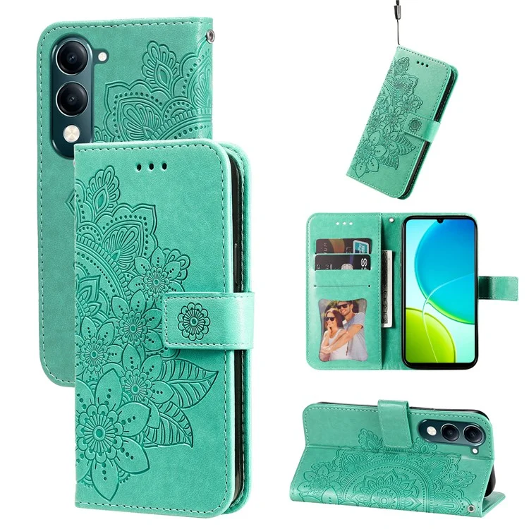 Capa para vivo Y29s 5G / Y04 4G em Couro Sintético com Carteira, Floral, Suporte de Visualização - Verde
