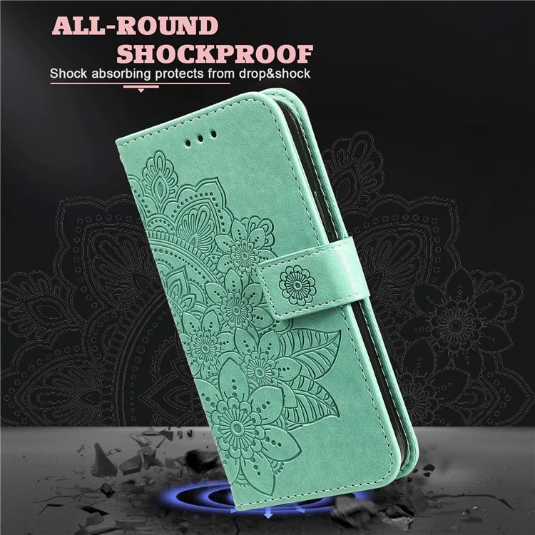 Capa para vivo Y29s 5G / Y04 4G em Couro Sintético com Carteira, Floral, Suporte de Visualização - Verde