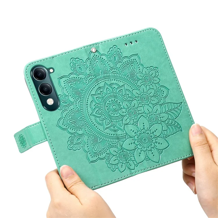 Capa para vivo Y29s 5G / Y04 4G em Couro Sintético com Carteira, Floral, Suporte de Visualização - Verde