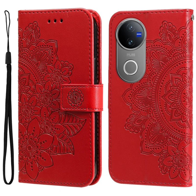 For vivo V50 5G Case Floral Pattern PU Leather Wallet Stand Phone Cover - Red
