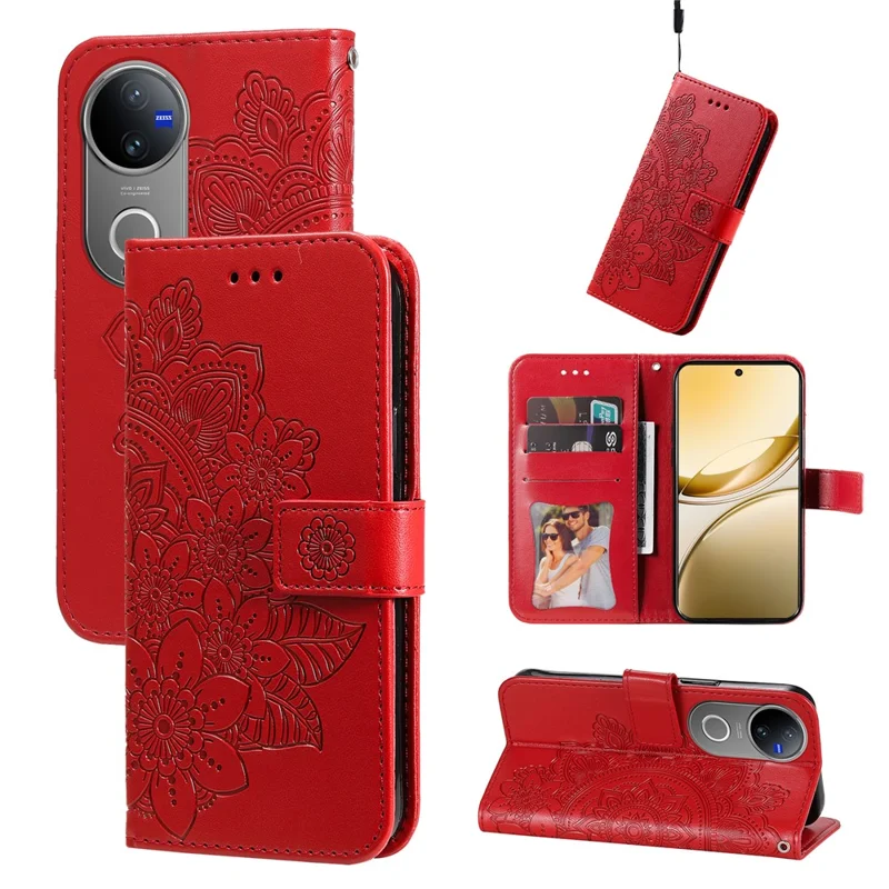 For vivo V50 5G Case Floral Pattern PU Leather Wallet Stand Phone Cover - Red