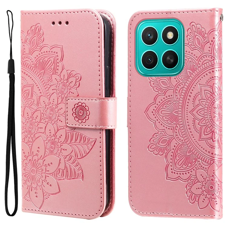 Capa Para Honor X8c 4G em Couro PU com Carteira, Floral, Suporte de Visualização - Rosa