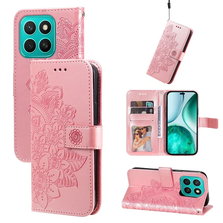Capa Para Honor X8c 4G em Couro PU com Carteira, Floral, Suporte de Visualização - Rosa