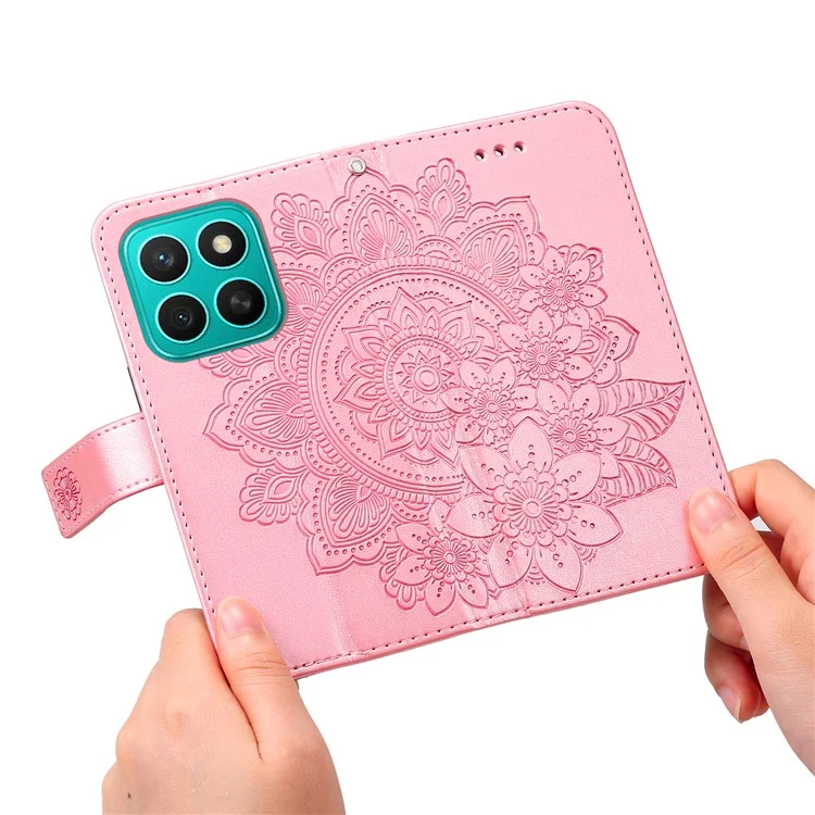 Capa Para Honor X8c 4G em Couro PU com Carteira, Floral, Suporte de Visualização - Rosa